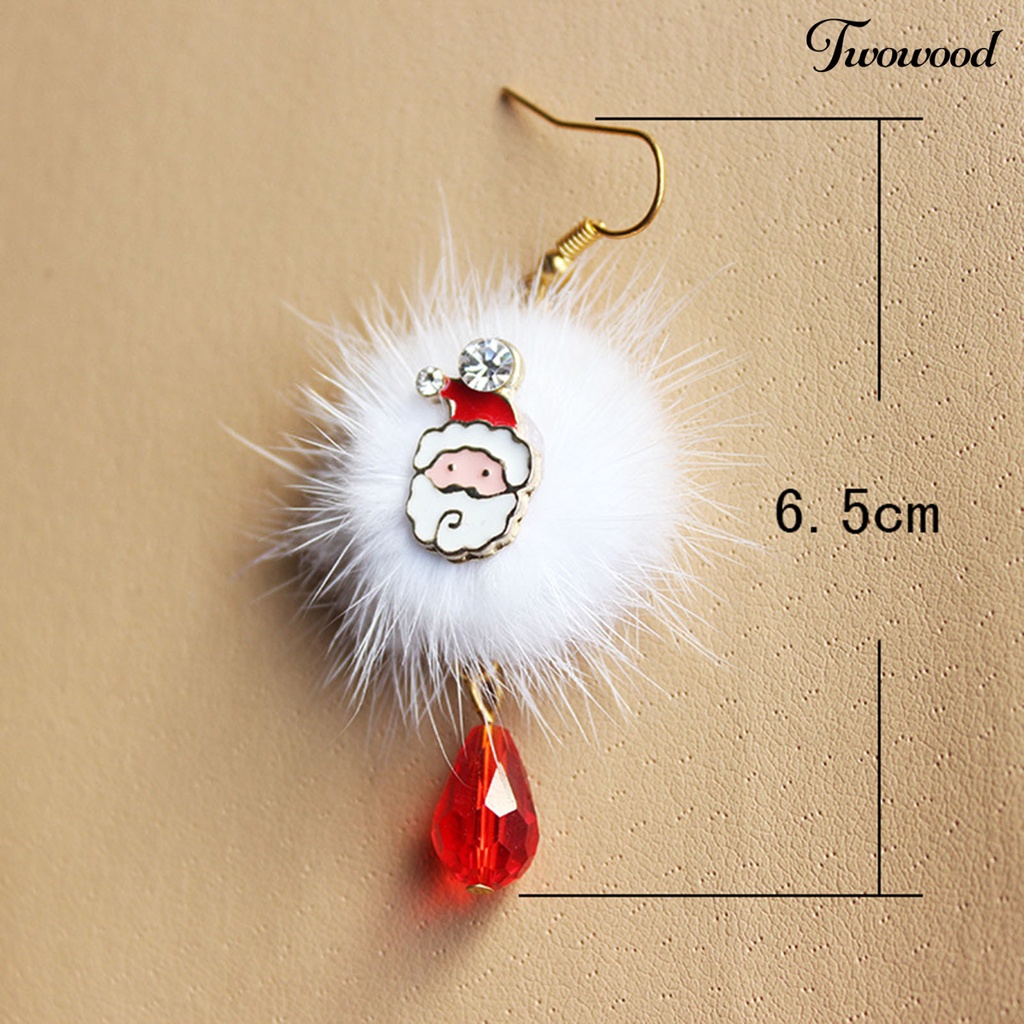 Twowood 1 Pair White Plush Ball Red Rhinestone Xmas Earrings Alloy Santa Claus Elk Pendant Hook Earrings Fashion Jewelry