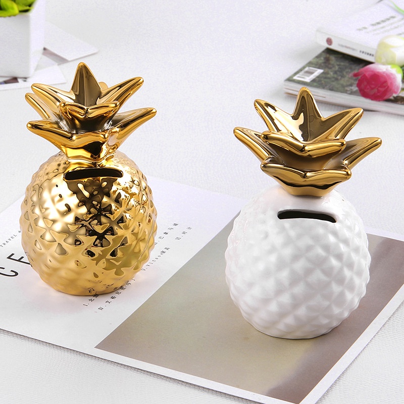 Celengan Nenas Keramik Mengkilap Hiasan Mewah Gold Pineapple Pajangan Mewah Saving Money