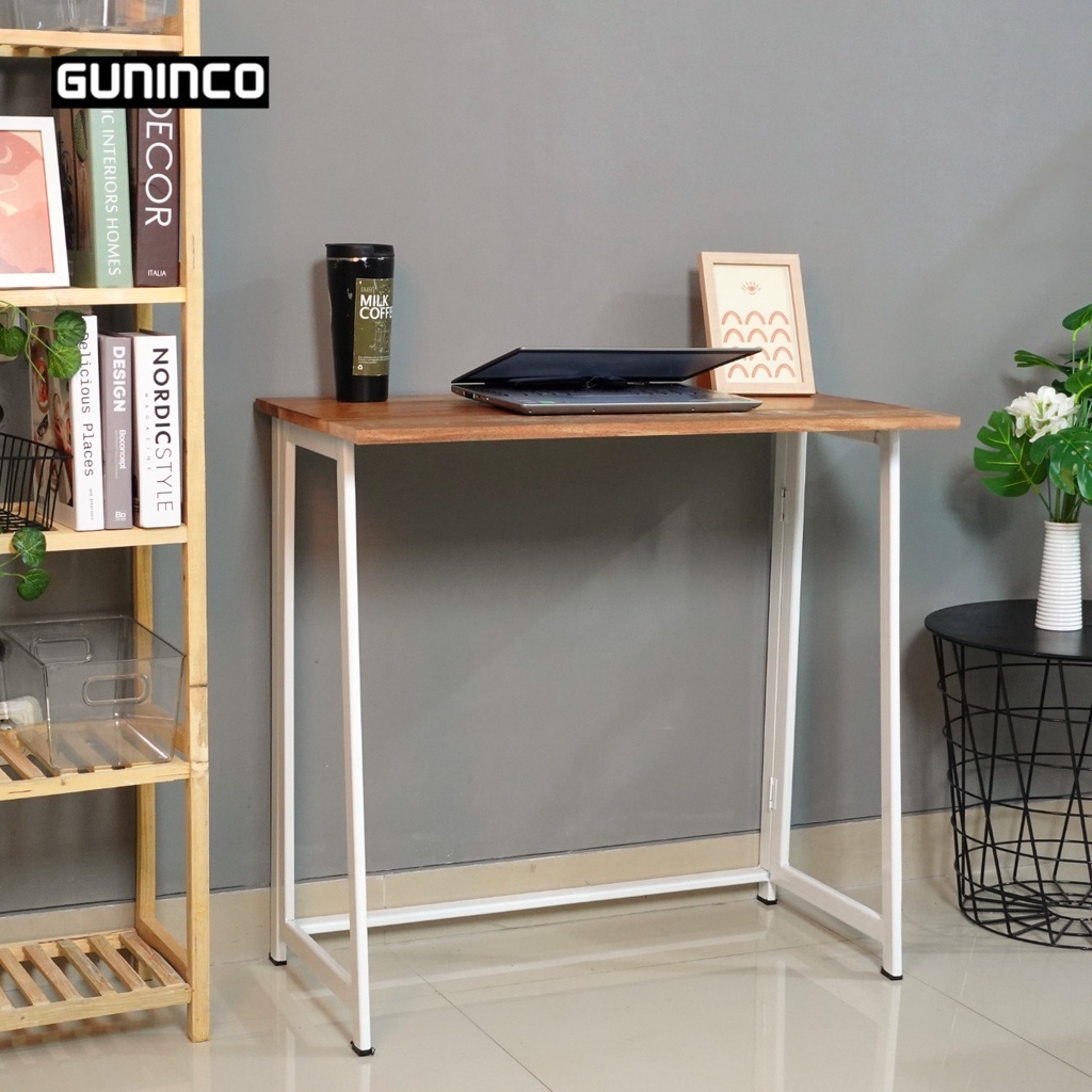 GUNINCO MEJA LIPAT KERJA Kaki Besi Hollow Kaki Kayu Solid Meja Caffe Meja Belajar Minimalis