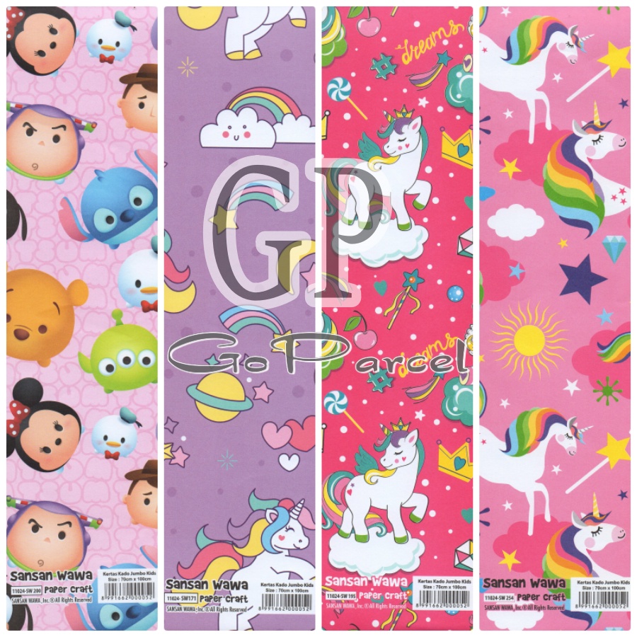 ( 5 Lembar ) JUMBO GIRLS / PRINCESS SANWA - KERTAS KADO FROZEN PRINCESS MERMAID UNICORN TSUM TSUM SANWA - GIFT WRAP PAPER SANSAN WAWA HELLOKITTY PINK