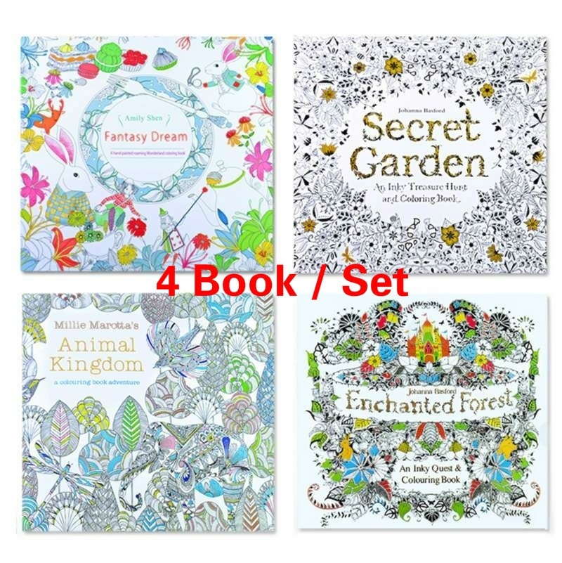 New 4pcs Sets Creative Children Painting Adult English Version An Inky Treasure Hunt Coloring Painting Book（Fantasy Dream + Enchanted Forest + Animal Kingdom + Secret Garden）