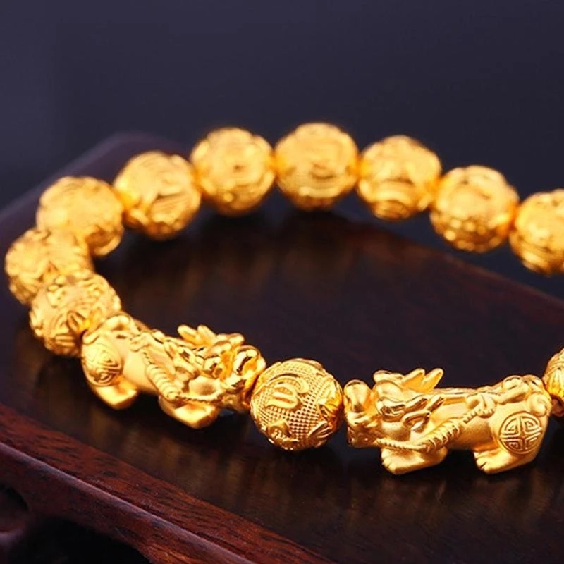 Unisex Feng Shui Gold Sand Bead PIXIU Bracelet/Wealth Attract Wealth and Good Luck Jewelry Gift