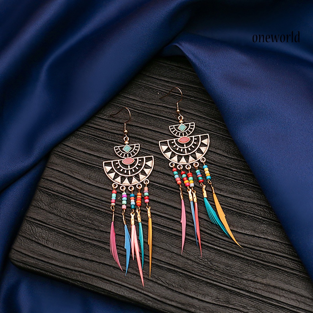 OW# Earrings Retro Romantic Resin Beads Bohemian Feather Tassel Fringe Earrings for Women