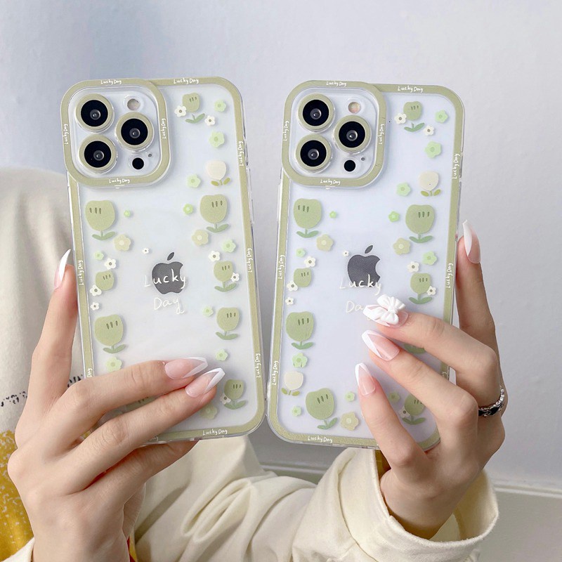 Green Little Flowers Soft Case iP iPhone 11 12 13 Pro Max 6 6S 7 8 + Plus X XR SE 2020 XS Max Casing