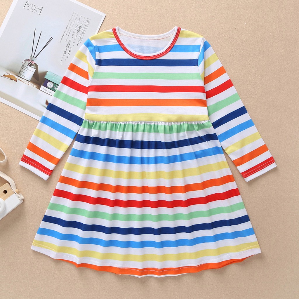 Kawayi Baby Kids Girls Long Sleeve Color Stripe Princess One Piece Dress Autumn Shopee Indonesia