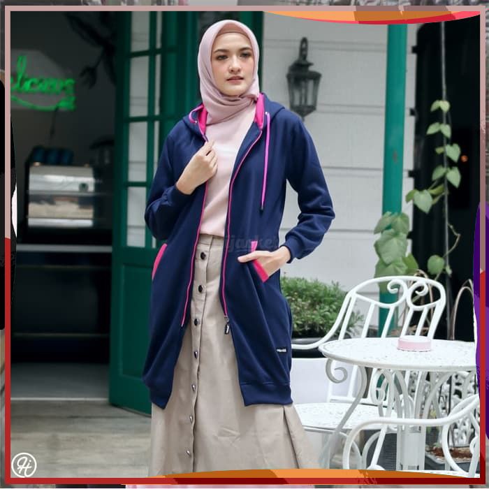 Jaket Wanita Jaket Hijaber Cewe Muslimah Hijaket Muslimah Hijacket Basic Navy-Pink Original HS055
