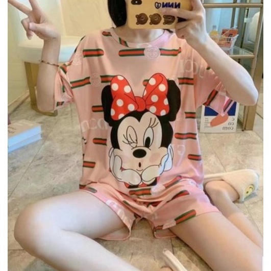 Piyama SET Import Wanita Dewasa Baju Tidur HP Katun Korea Halus babydoll MINNIE GUCCI PINK (PJ10)