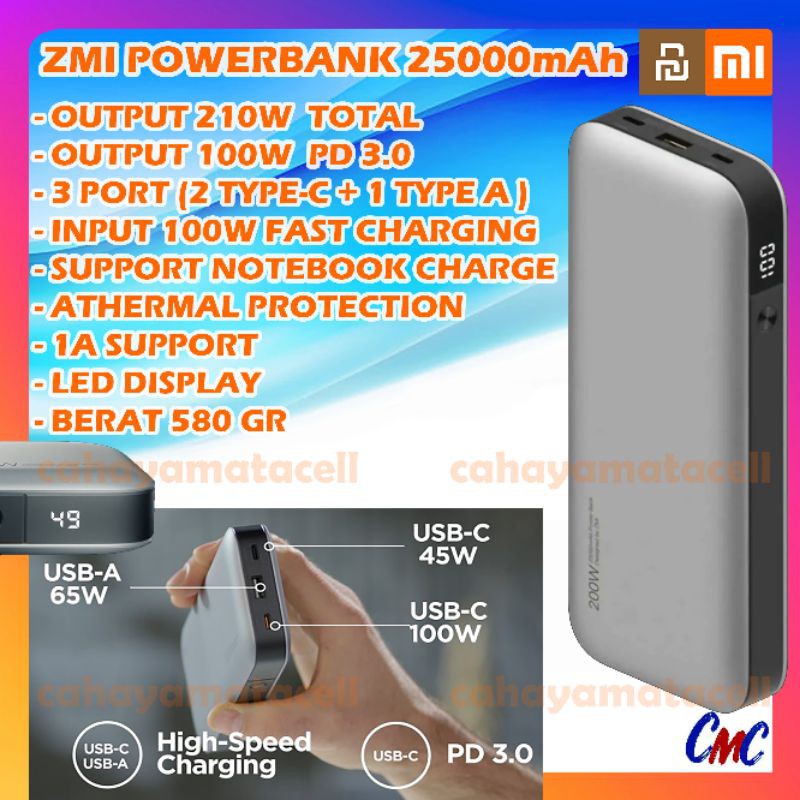 ZMI Powerbank 25000mAh No.20 Output 210W QB826 QC PD 3.0 Fast Charging Power Bank