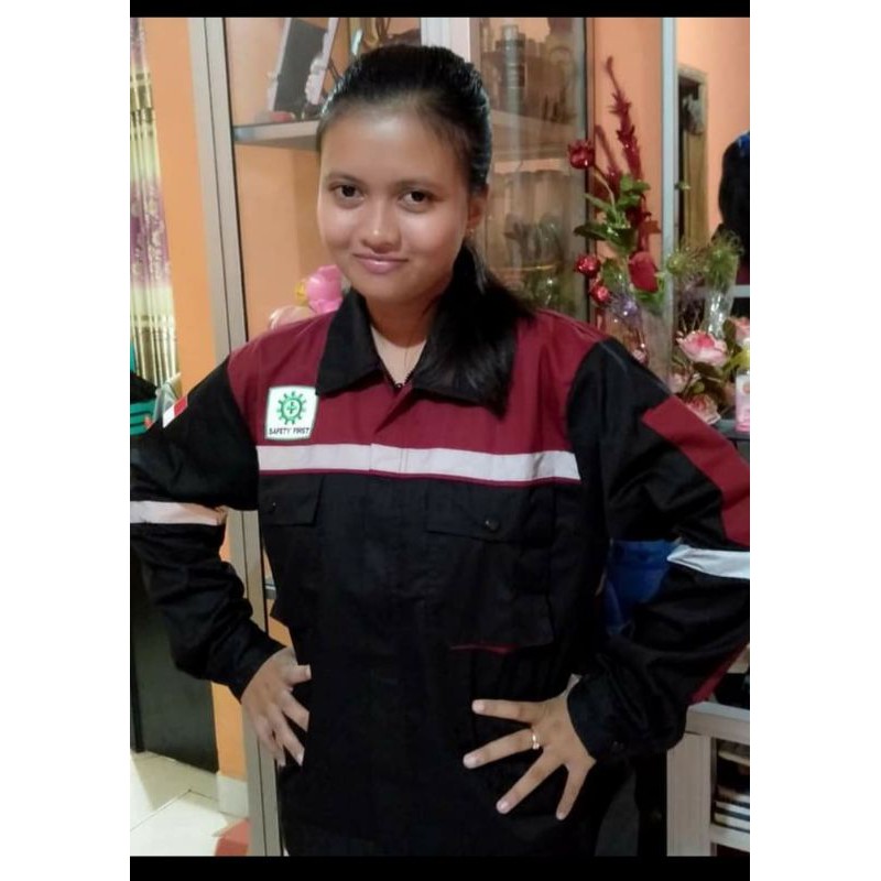 RESLETING MARON HITAM BAJU SERAGAM SAFETY BERLOGO K3 BENDERA WEARPACK KATELPAK