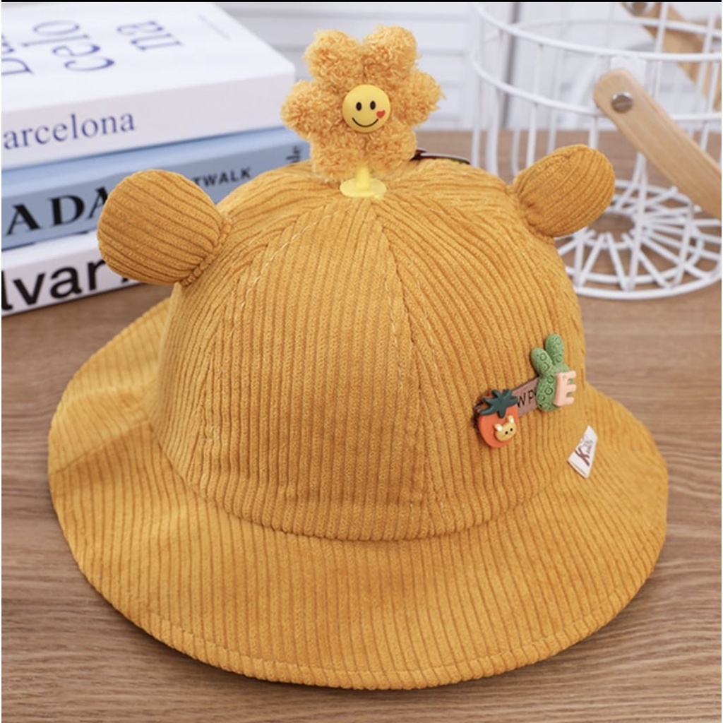 TOPI ANAK ANTI CORONA, FACE SHIELD ANAK, TOPI CORONA ANAK,  FACESHIELD TOPI ANAK, READY STOK!-FLOWER KUNING (S/M)