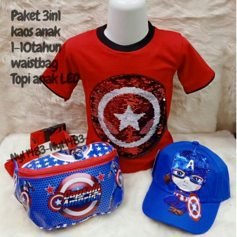 paket 3in1 baju kaos anak laki laki tas selempang anak topi anak motif captain america waistbag anak usia 1-10 tahun