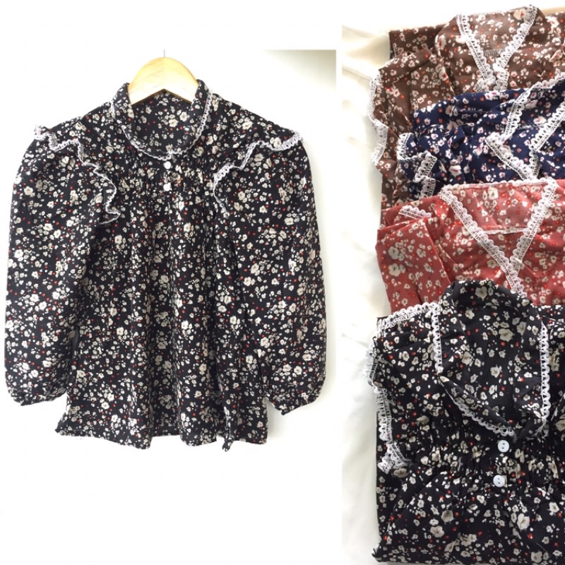 atasan motif bunga kecil renda - baju pakaian kaos blouse tunik long tunik tunic - atasan motif keme