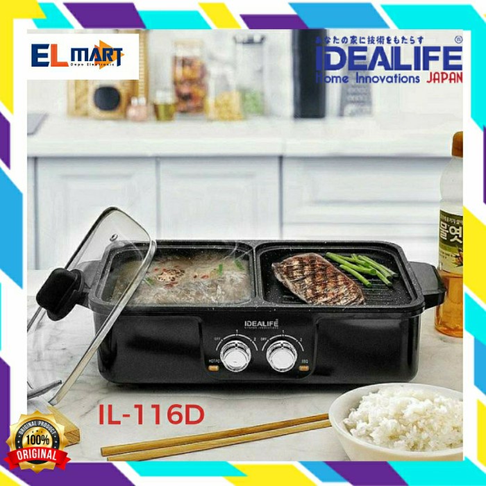 Idealife Alat Pemanggang dan Hot Pot IL116D Electric Grill Steam Boat Grill 116D 2in1