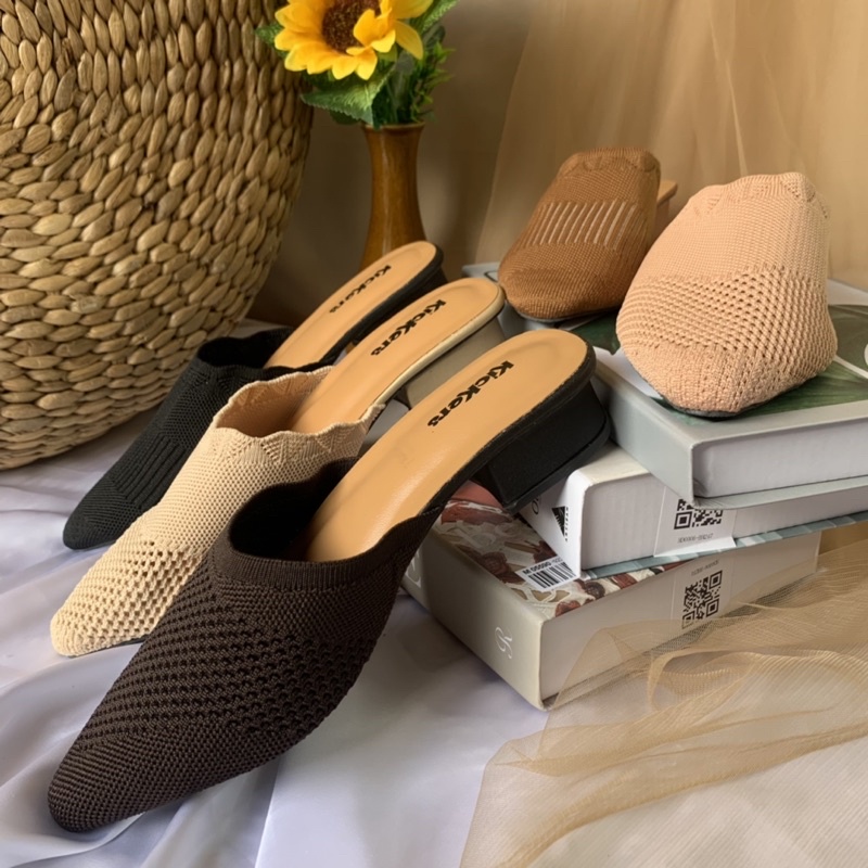 (HARGA PROMO = PACKING TANPA KARDUS) sendal slop rajut motif etnik lentur heels korea viral Imelda heels SANDAL SLOP WANITA  FLAT TEPLEK SENDAL PEREMPUAN SELOP CEWEK CEWE CASUAL rajut import berkwalitas