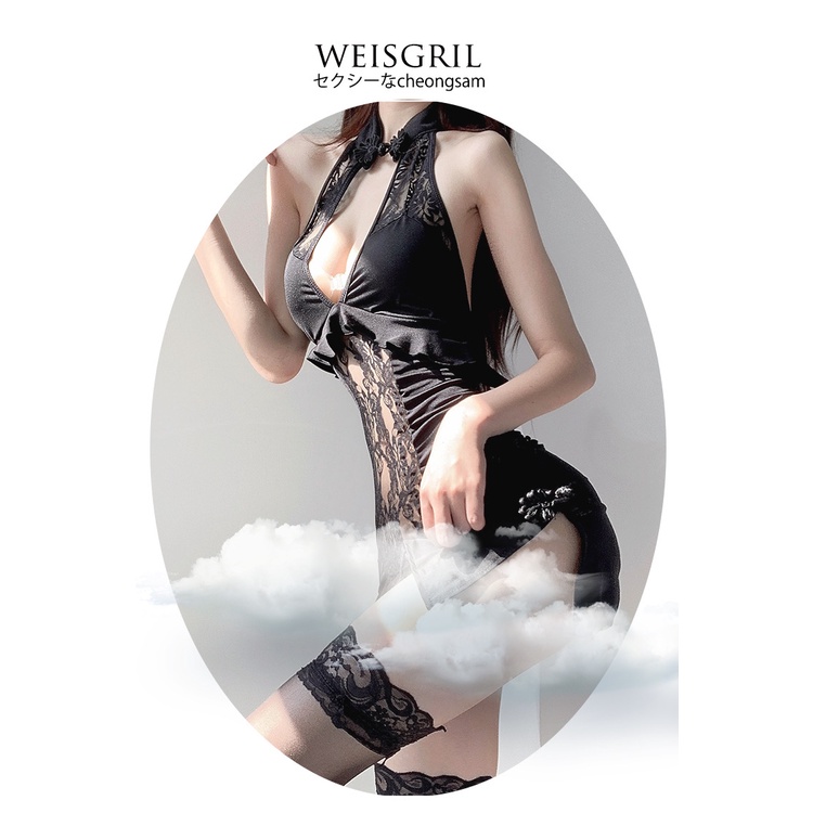 (COD) Lingerie Wanita Sexy Transparan import Baju Tidur V-Neck Celah Samping Seragam Cosplay cheongsam 3A538