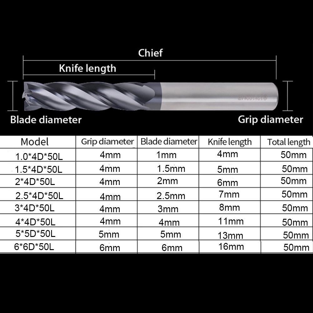 Alat Pemotong Penggilingan 4 Flute Mill Endmill Bahan Tungsten Steel Ukuran 50mm Panjang 1 / 1.5 / 2 / 2.5 / 3 / 4 / 5 / 6mm