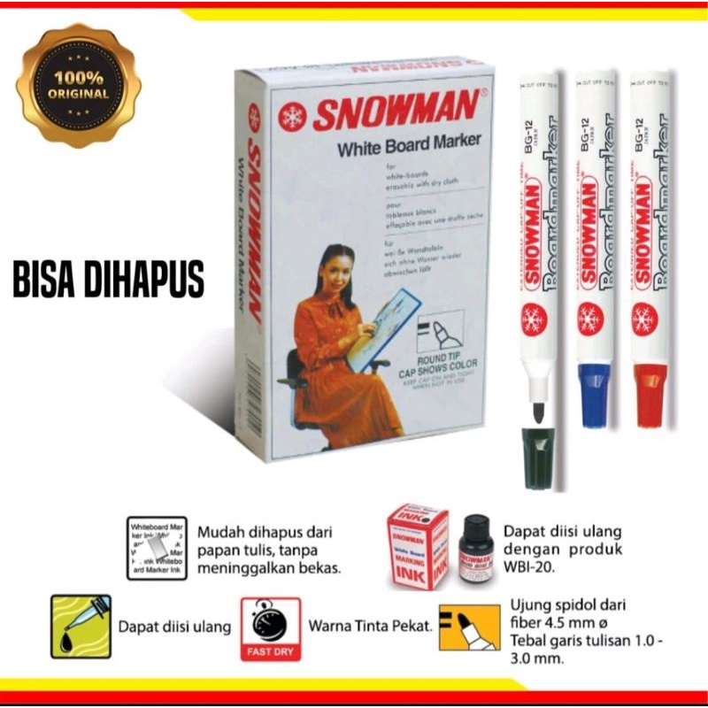 

Spidol Whiteboard Snowman Hitam Merah Biru Spidol Papan Tulis Boardmarker Snowman Original 100%