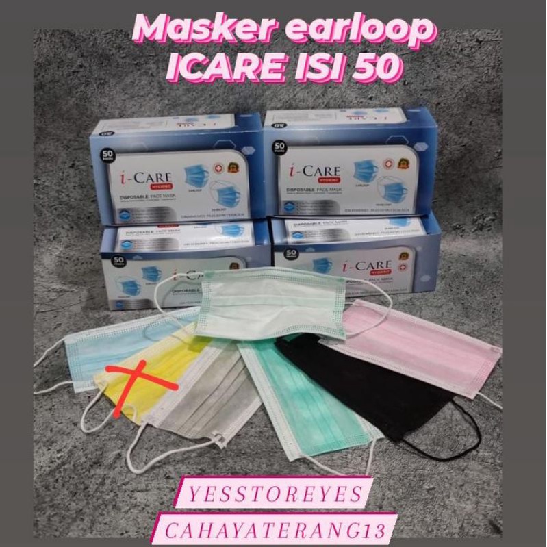 Ready MASKER 3 ply merk Icare i care EARLOOP HITAM BLACK, BIRU HIJAU ABU PINK MERAH. MASKER HEADLOOP HIJAB HITAM BLACK. ISI 50