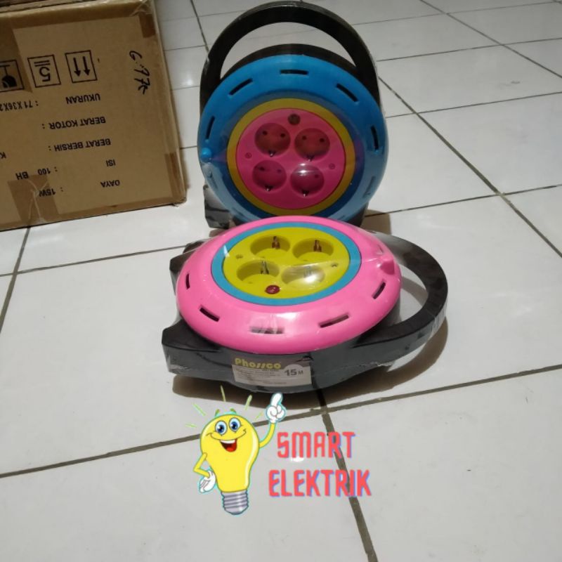 Box Kabel/ Roll Kabel/ Bok Kabel Merk Phossco 15 Meter dengan Indikator Lampu SNI