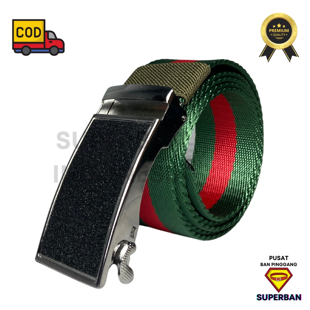 IKAT PINGGANG HIJAU MERAH LUXURY NYLON AUTOMATIC BUCKLE SILVER SABUK GESPER KEPALA OTOMATIS MODERN - SUPERBAN