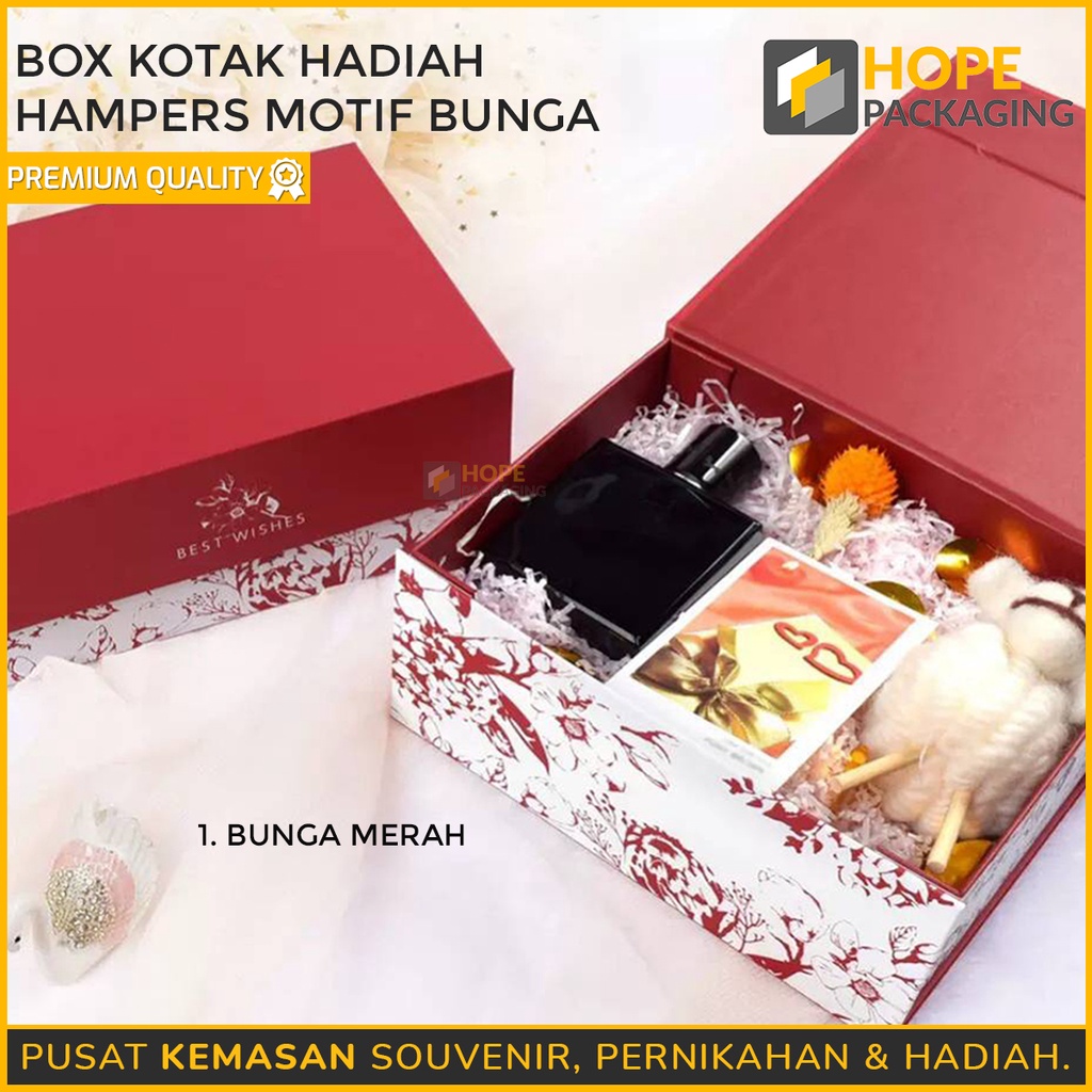 Box kotak hadiah hampers motif bunga penutup dengan magnet Warna Merah dan Sage Green