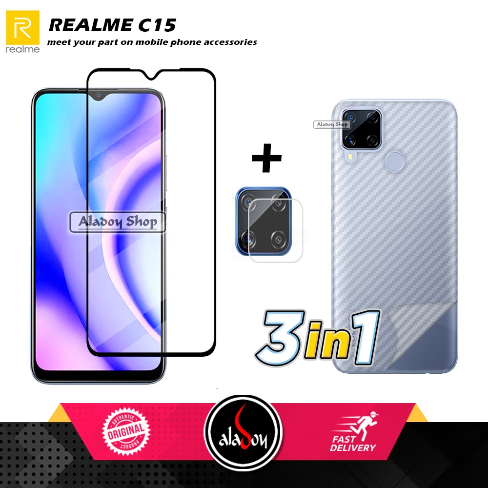 PAKET 3 IN 1 Tempered Glass Layar Realme  C15 Free Tempered Glass Camera dan Skin Carbon