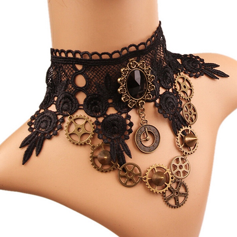 Kalung Choker Bahan Lace Dengan Liontin Gaya Vintage Gothic Steampunk