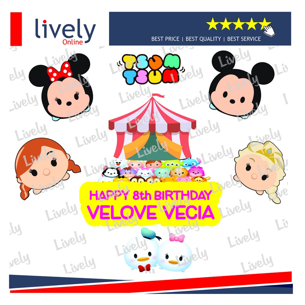 CUSTOM NAMA CAKE TOPPER KARAKTER TSUM TSUM 01 HIASAN KUE HBD HAPPY BIRTHDAY