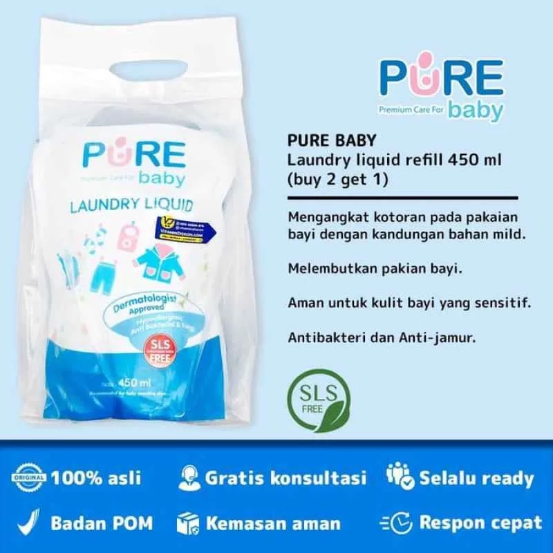 Pure Baby Pure Laundry Liquid Refill 450ml Buy2 Get1 Deterjen Pakaian Bayi