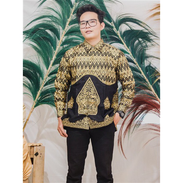 Songket Pash - Baju Batik Songket Pria Motif Wayang Hitam Gold | Single Dan Couple