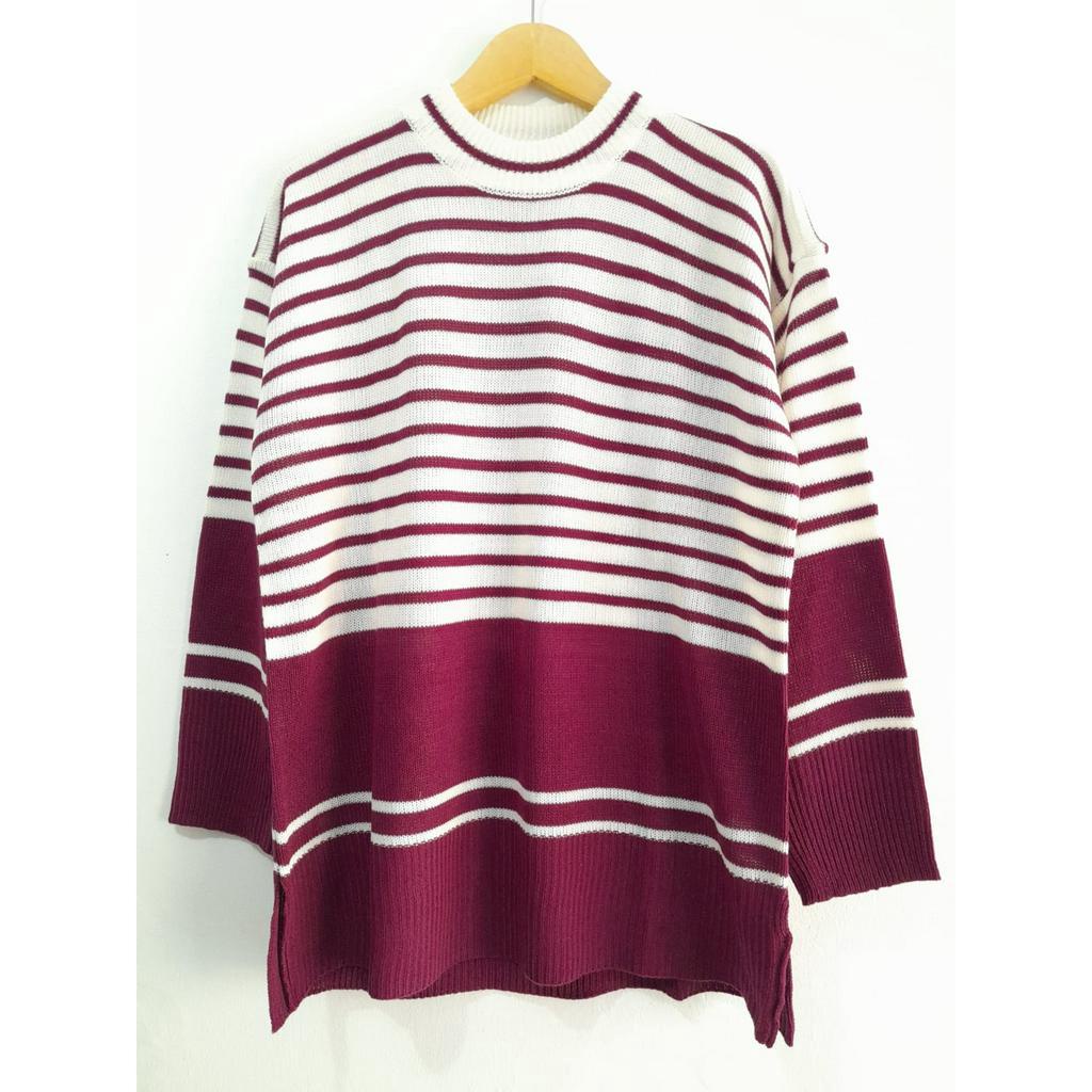 Nina Sweater Rajut Wanita 2 Tone Stripe Oversize