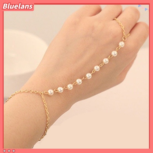 Bluelans Women Fashion Faux Pearl Bracelet Link Finger Ring Hand Chain Harness Jewelry