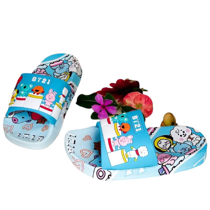 SENDAL SLOP KARET ANAK PEREMPUAN TERBARU,SANDAL ANAK  BT21 NYAMAN DIPAKE MOTIF TERBARU KEKINIAN.