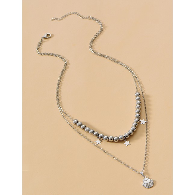 LRC Kalung Fashion Silver Color Alloy Double Five-pointed Star P82870