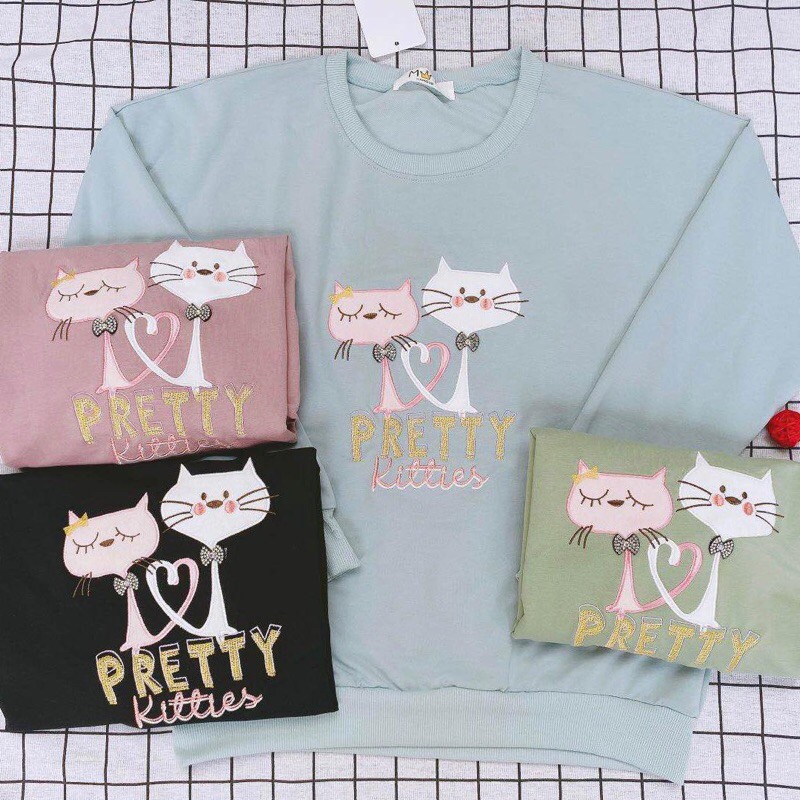 Kaos Impor Cewe Bordir Kucing Tangan Panjang Fashion Bangkok