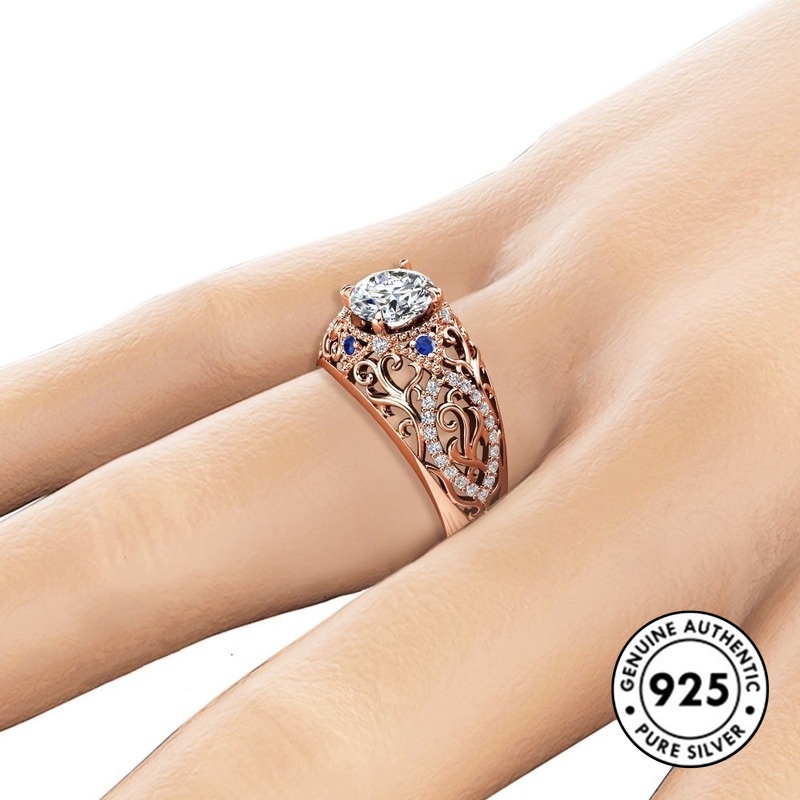 Cincin Sterling Silver 925 Desain Bunga Hollow Hias Berlian Imitasi Mewah Untuk Wanita