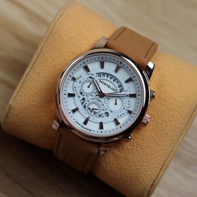 Jam Tangan Pria Original jam tangan fashion pria tali kulit MontBlanc tanggal aktif coklat muda pth 