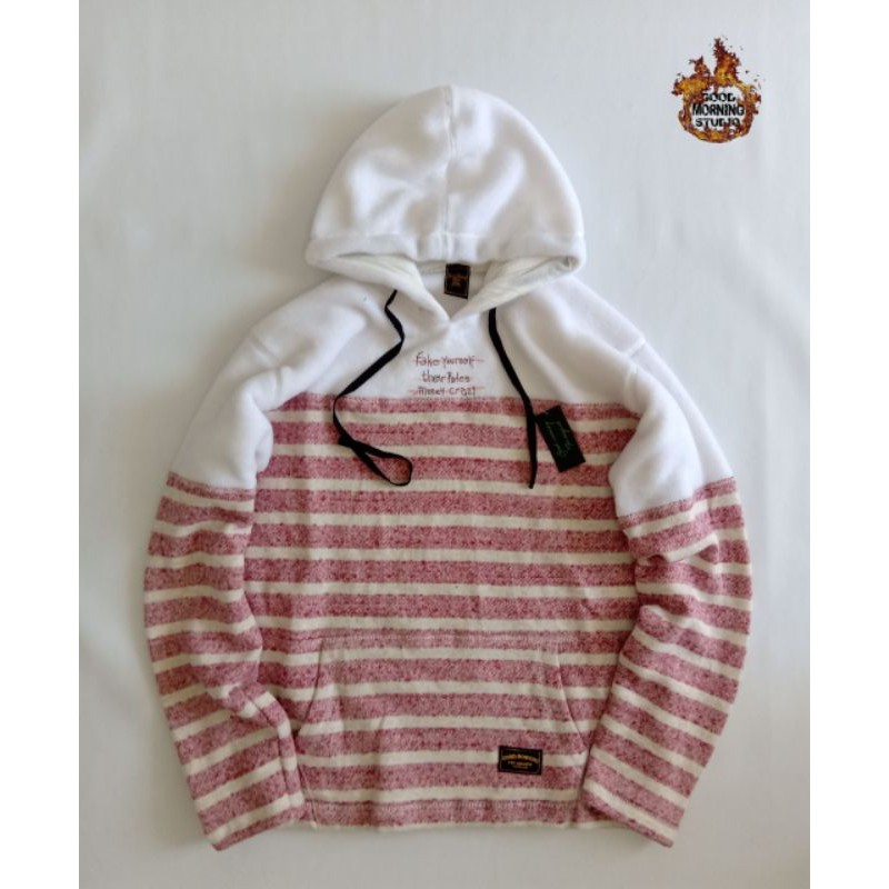 GOOD MORNING SWEATER HOODIE Sweater cewek cowok Sweatshirt putih garis merah sedang seri GM1083