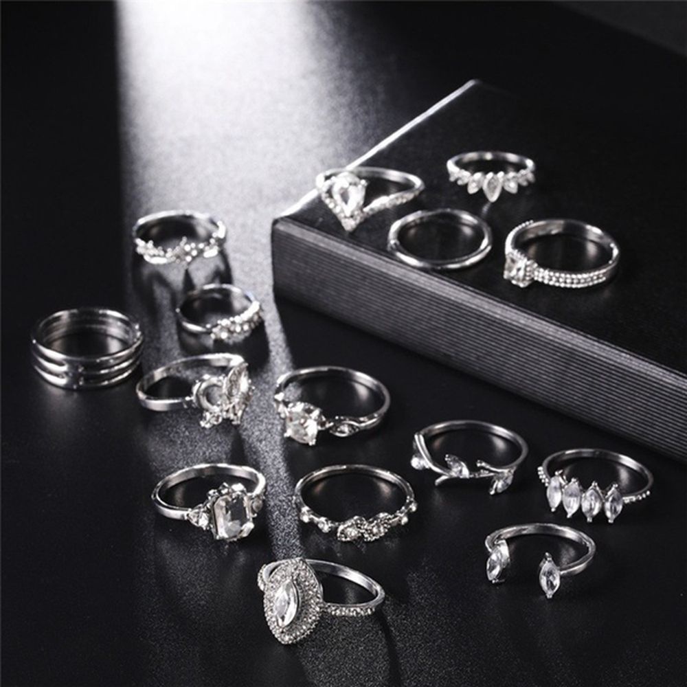 ROW 15PCS Party Rings Set Women Hollow Heart Boho Finger Ring Fashion Jewelry Silver Color Elegant Statement Crystal Leaves Flower