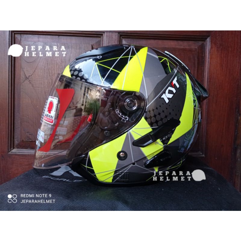 Helm KYT Galaxy Flat R Solid Motif Double Visor Original | KYT Half Face Galaxy Flat R Polos Black Hitam Doff Metalik Fire Red Merah Maroon Ferrari White Putih Gorila Grey Gunmetal Abu Aqua Blue Motif 4 5 Mimetic Neon Matrix Red Blue Yellow galaxy Slide-Matrix yellow