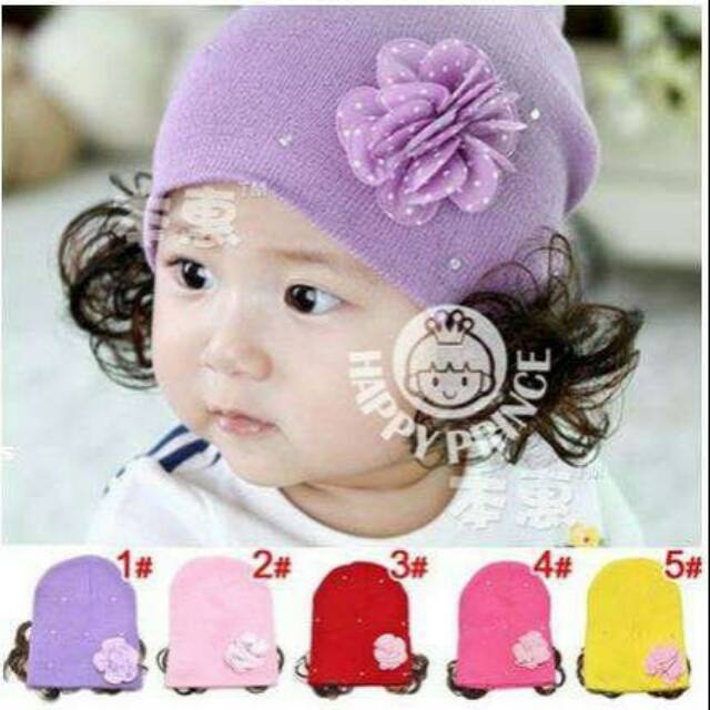 Flower Rhinestone Wig Hat Cute/Topi Rajut Bunga Mutiara Wig Kuncir