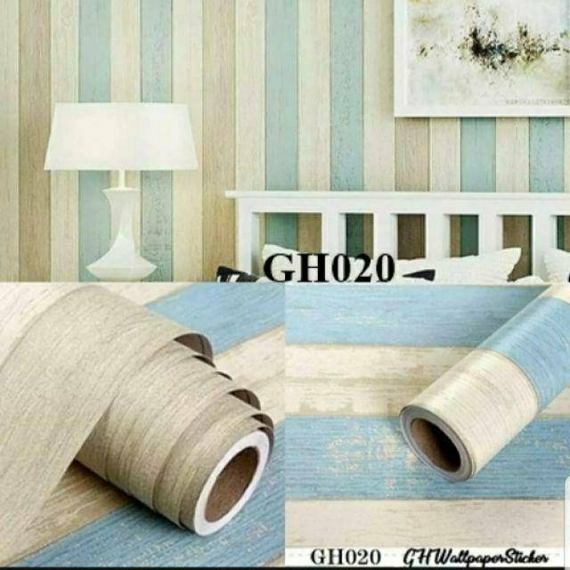 Walpaper Dinding Serat kayu triplek  salur warna biru. Dekorasi ruangan