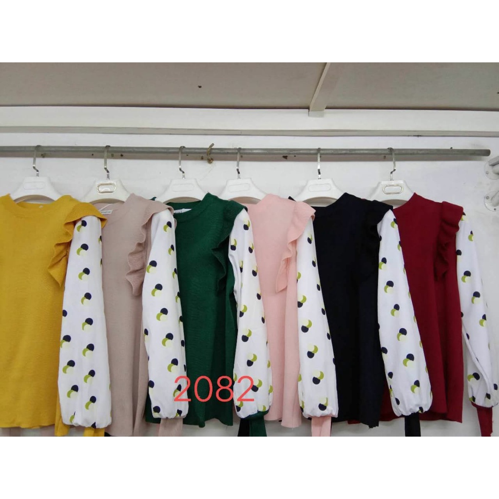 Dotted Puffed Long Sleeves Maroon Knit Top / Atasan Sweater Rajut Baju Import Wanita dengan Motif Bulat Best Seller