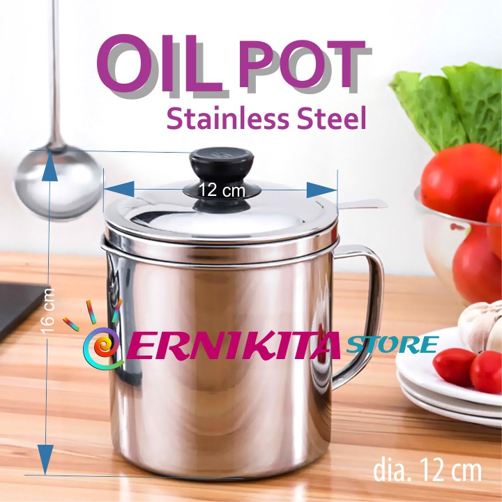 OIL POT KOMODO STAINLESS 1.1 L TEBAL WITH STRAINER - Mug Saringan Penampung Minyak Goreng