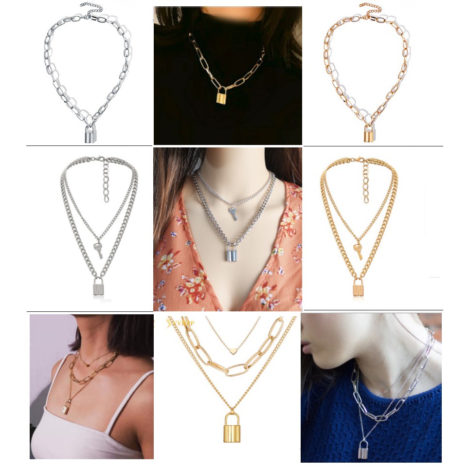 Kalung Rantai Choker GEMBOK KUNCI Korea Fashion Women Gaya Punk Hip Hop Lock Key Wanita Pria Retro