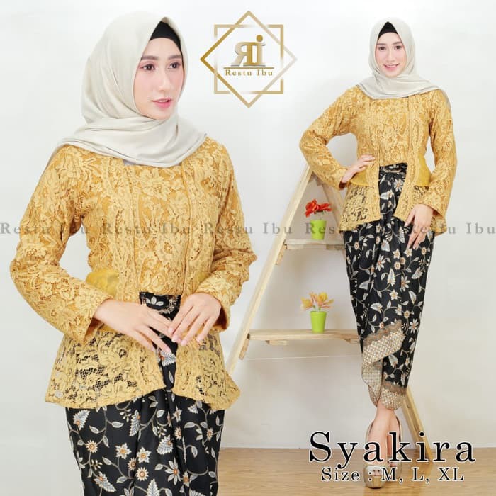 set kebaya brokat syakira gold + kain lilit batik melati