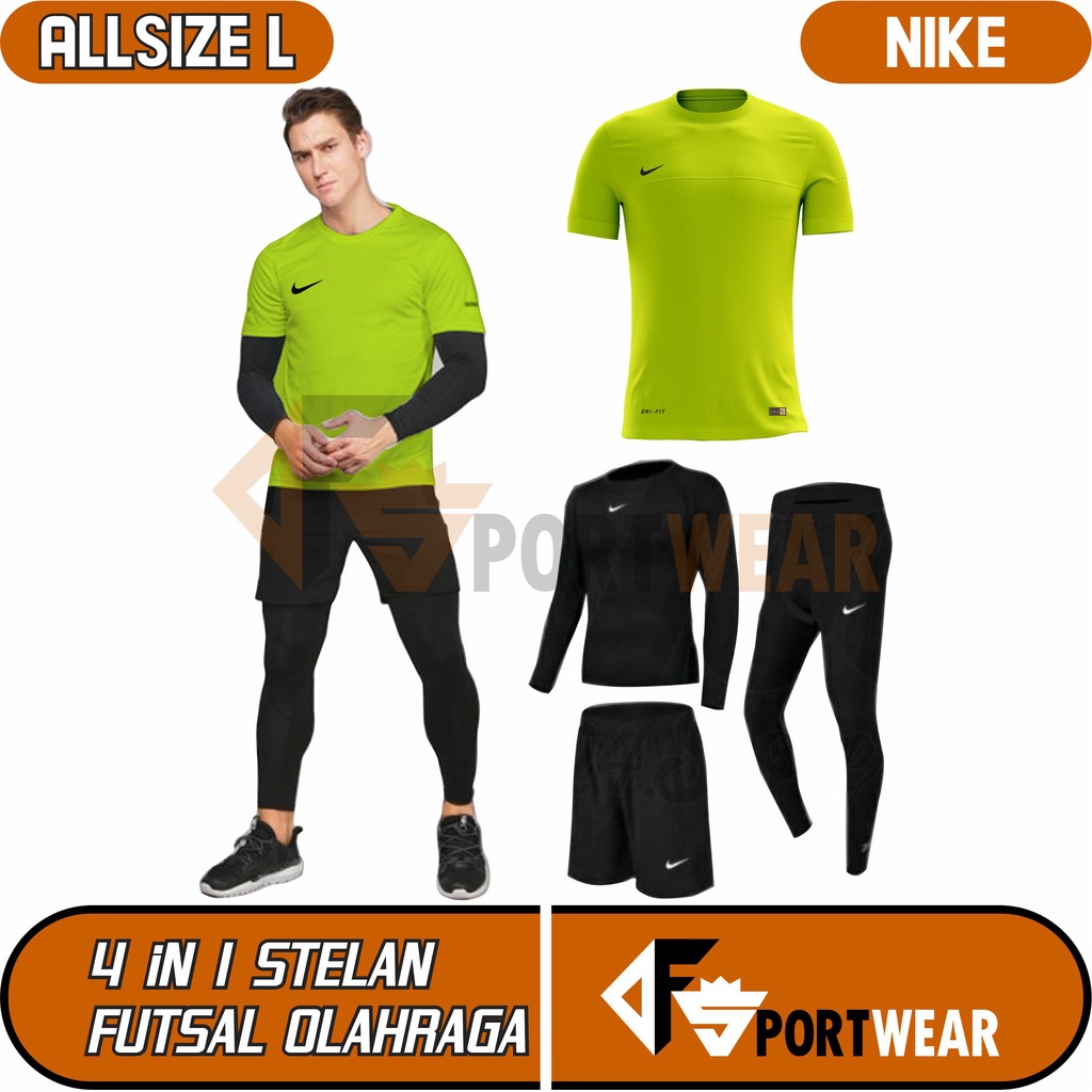 Full Set [ 4 in 1] Stelan Olahraga Pria Premium Manset Baju Futsal Running (HIJAU STABILO)