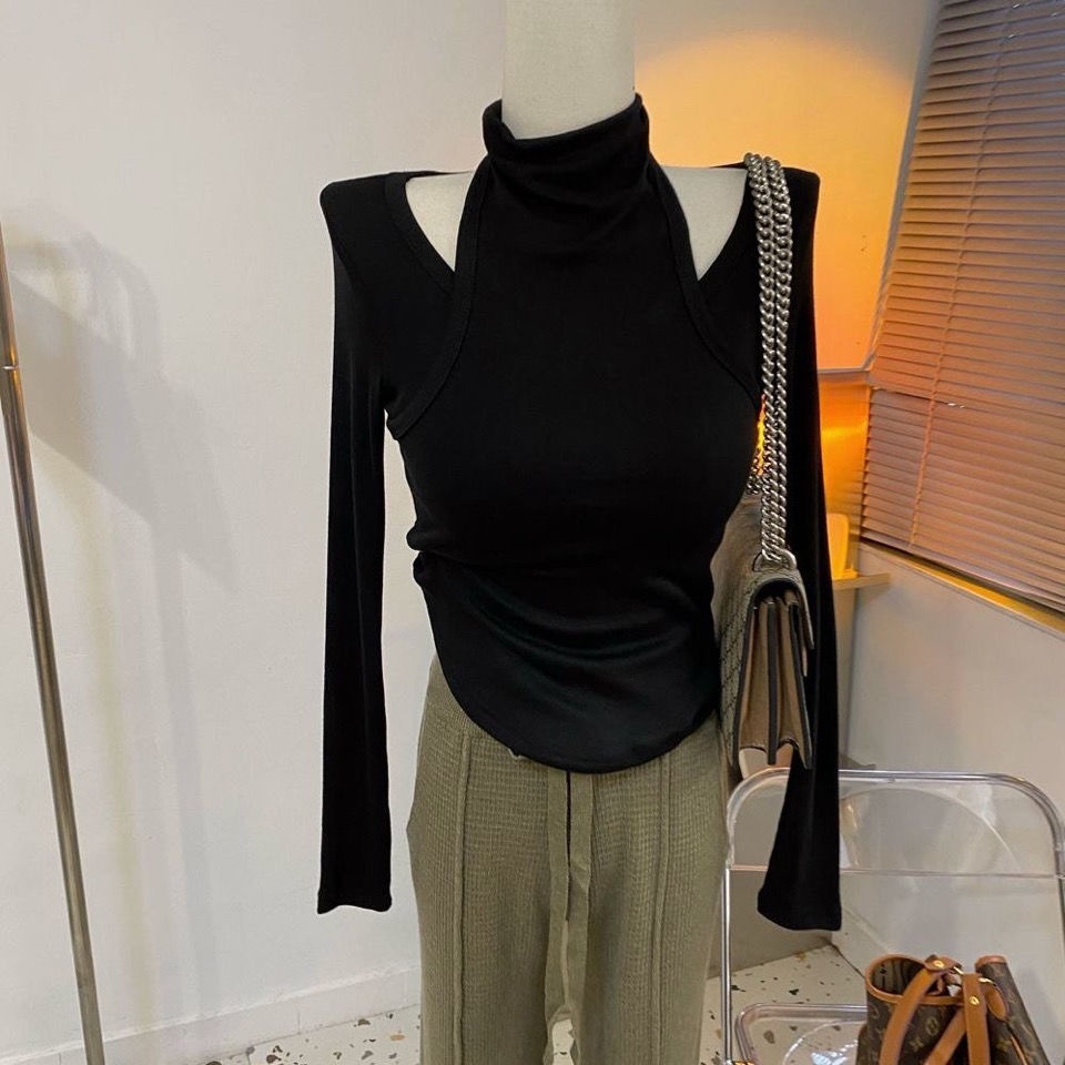 #Sisjuly# Kaos oblong dua potong leher halter turtleneck bottoming T-shirt atasan pendek
