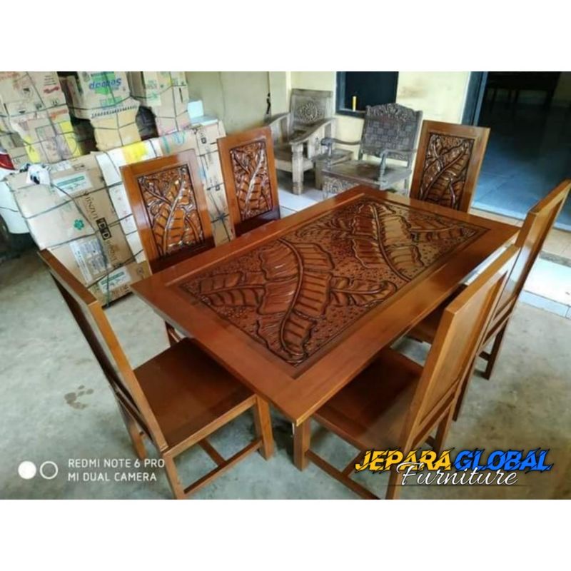 kursi makan minimalis jati ukir daun ( meja makan jati,meja ukir,meja jati murah,kursi makan new)