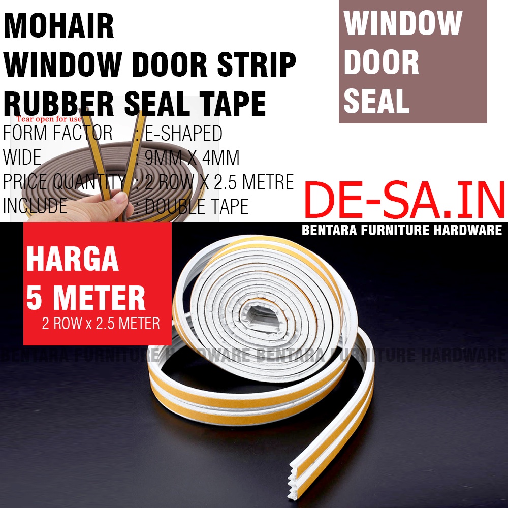 5 METER TIPE-E Moher Window Door Seal Strip PUTIH WHITE Mohair Karet Double Tape Self Adhesive Celah EPDM FOAM RUBBER Pintu Jendela